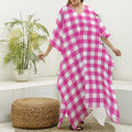 Hot Pink And White Buffalo Check Print Silk V-Neck Kaftan Dress