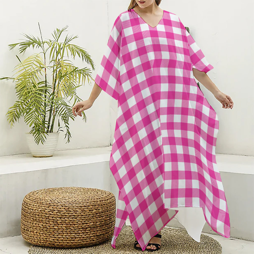 Hot Pink And White Buffalo Check Print Silk V-Neck Kaftan Dress
