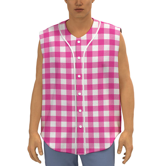 Hot Pink And White Buffalo Check Print Sleeveless Baseball Jersey