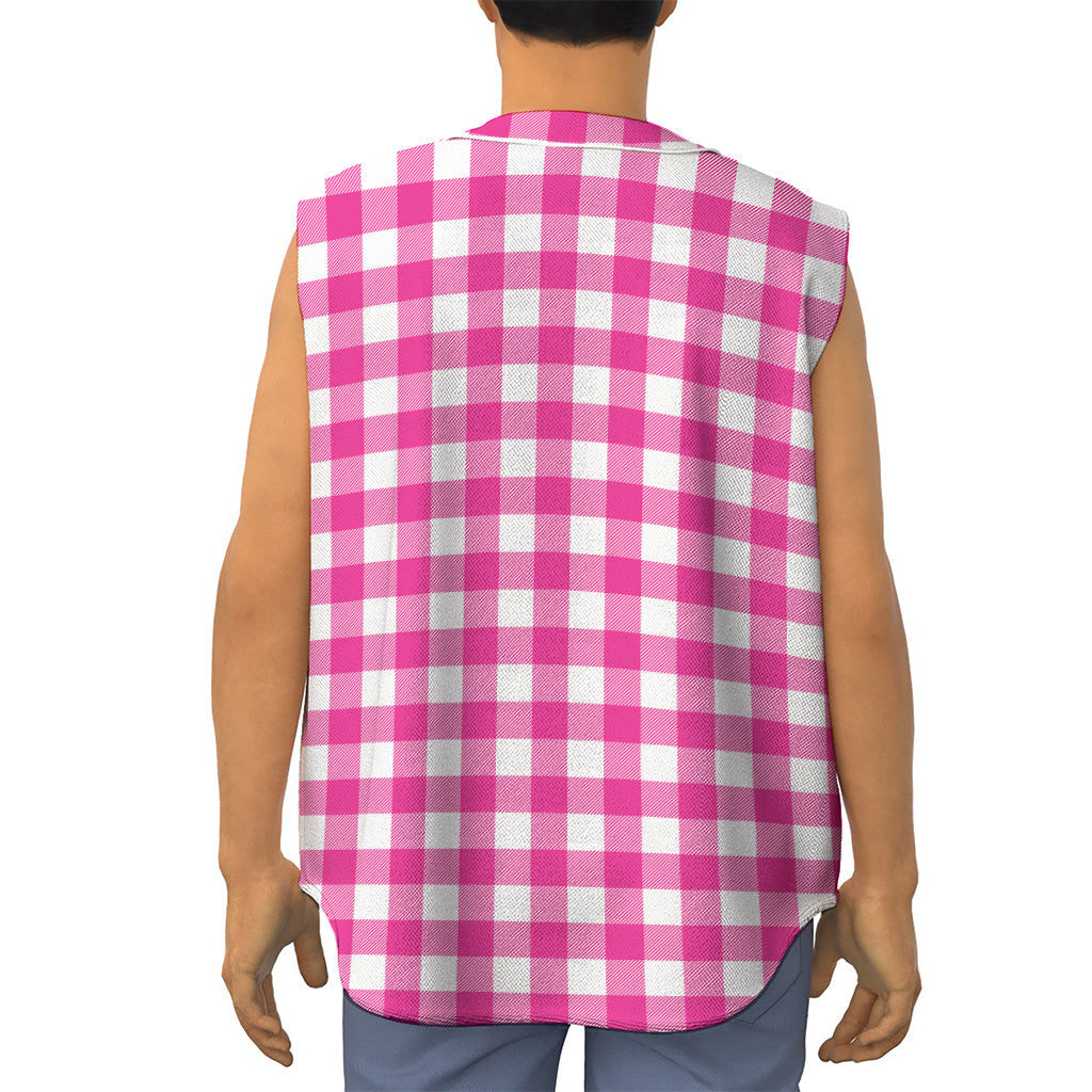 Hot Pink And White Buffalo Check Print Sleeveless Baseball Jersey