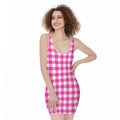 Hot Pink And White Buffalo Check Print Sleeveless Bodycon Dress