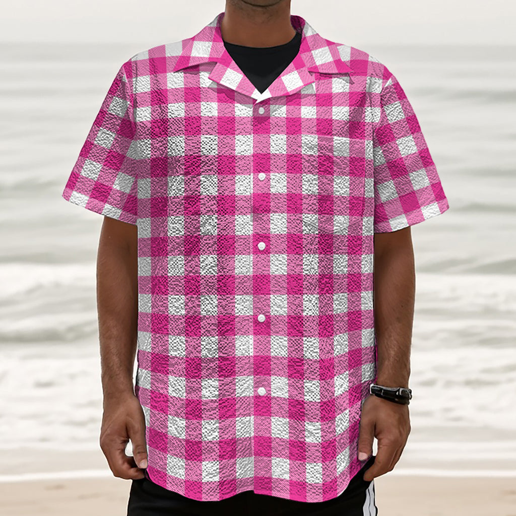 Hot Pink And White Buffalo Check Print Textured Short Sleeve Shirt
