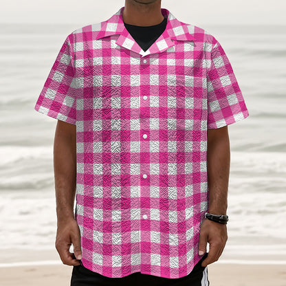 Hot Pink And White Buffalo Check Print Textured Short Sleeve Shirt