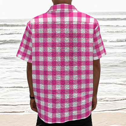 Hot Pink And White Buffalo Check Print Textured Short Sleeve Shirt