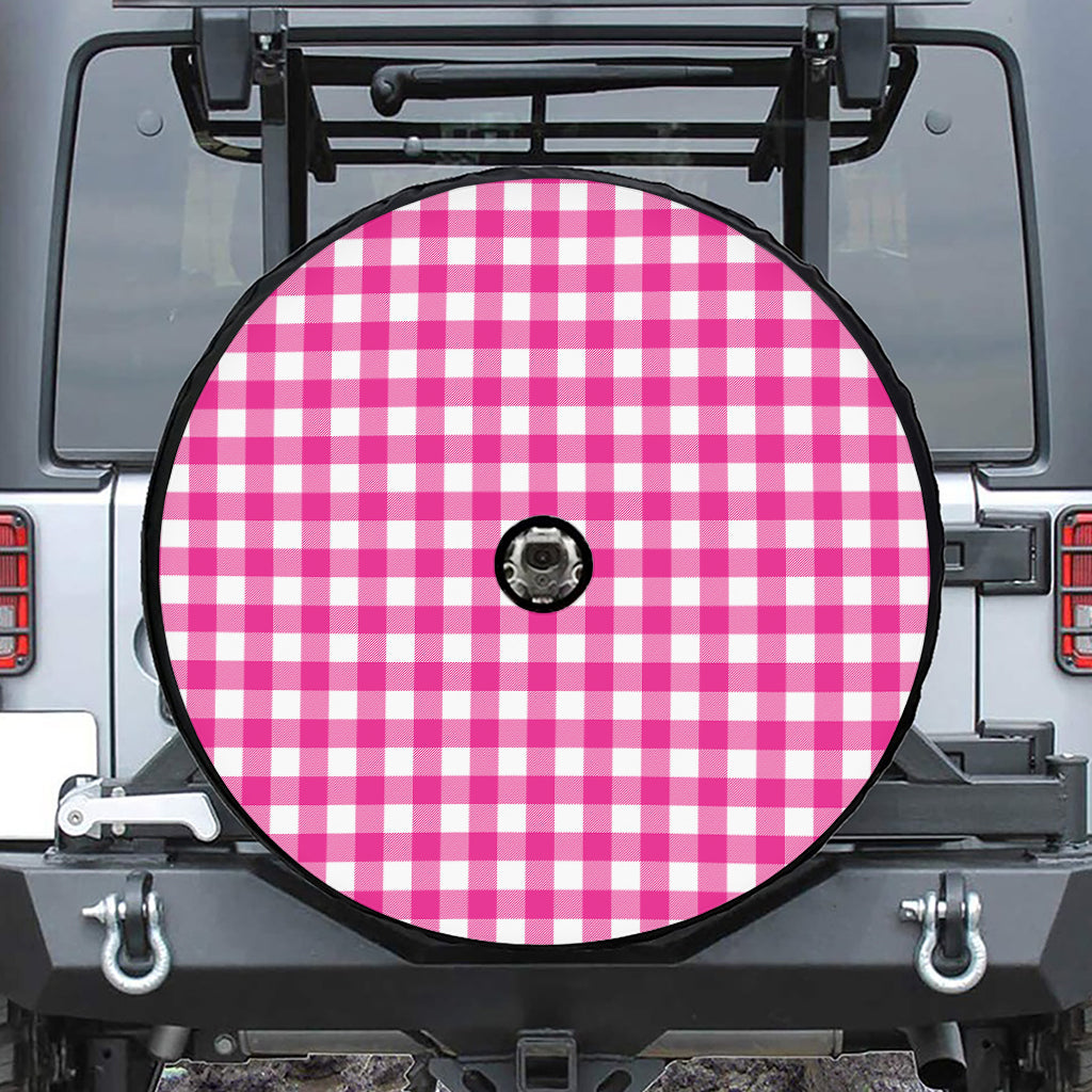 Hot Pink And White Buffalo Check Print Tire Cover With Camera Hole