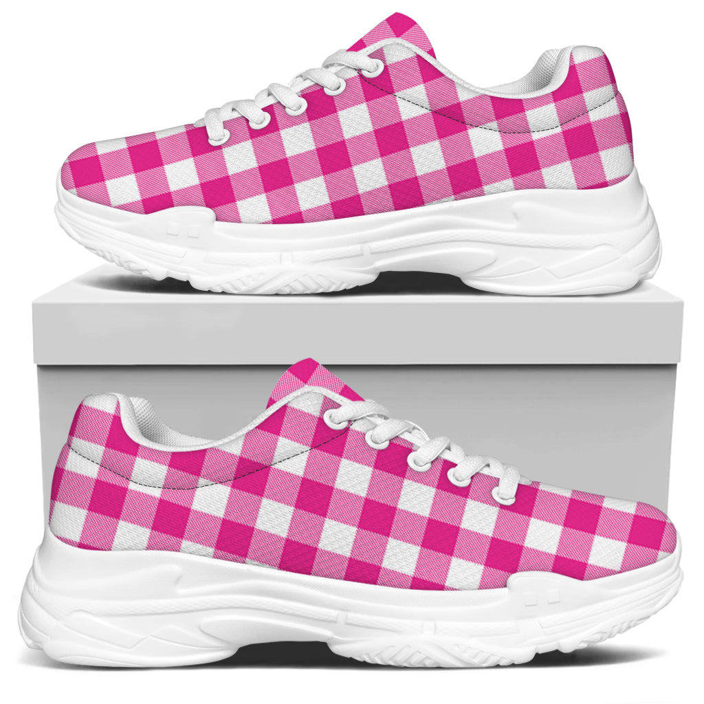 Hot Pink And White Buffalo Check Print White Chunky Shoes