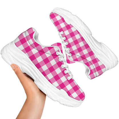 Hot Pink And White Buffalo Check Print White Chunky Shoes