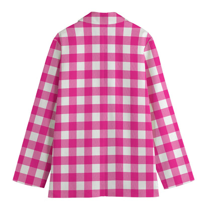 Hot Pink And White Buffalo Check Print Women's Blazer
