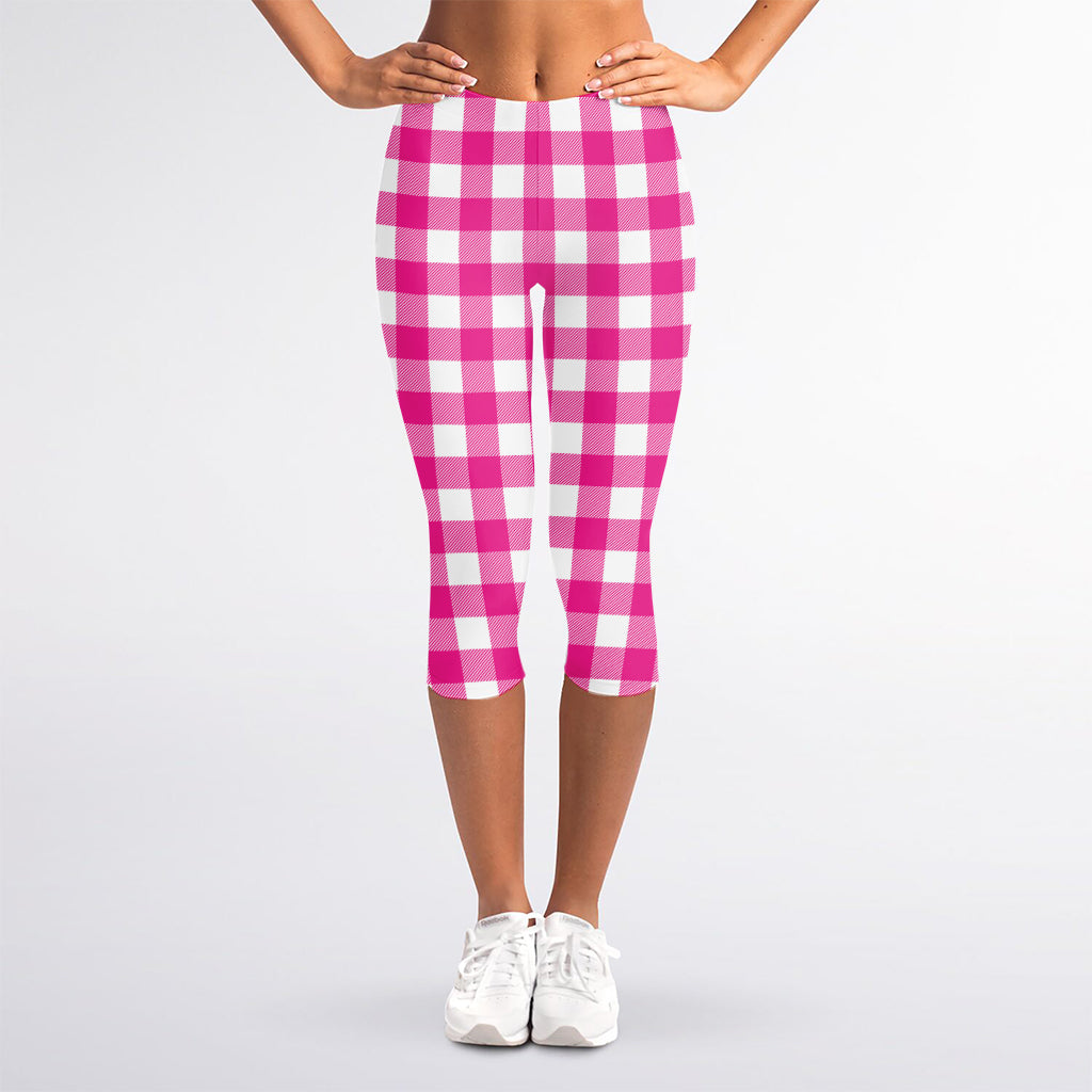 Hot Pink And White Buffalo Check Print Women's Capri Leggings