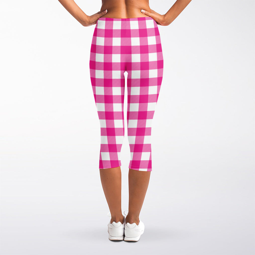 Hot Pink And White Buffalo Check Print Women's Capri Leggings