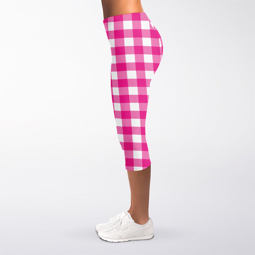 Hot Pink And White Buffalo Check Print Women's Capri Leggings