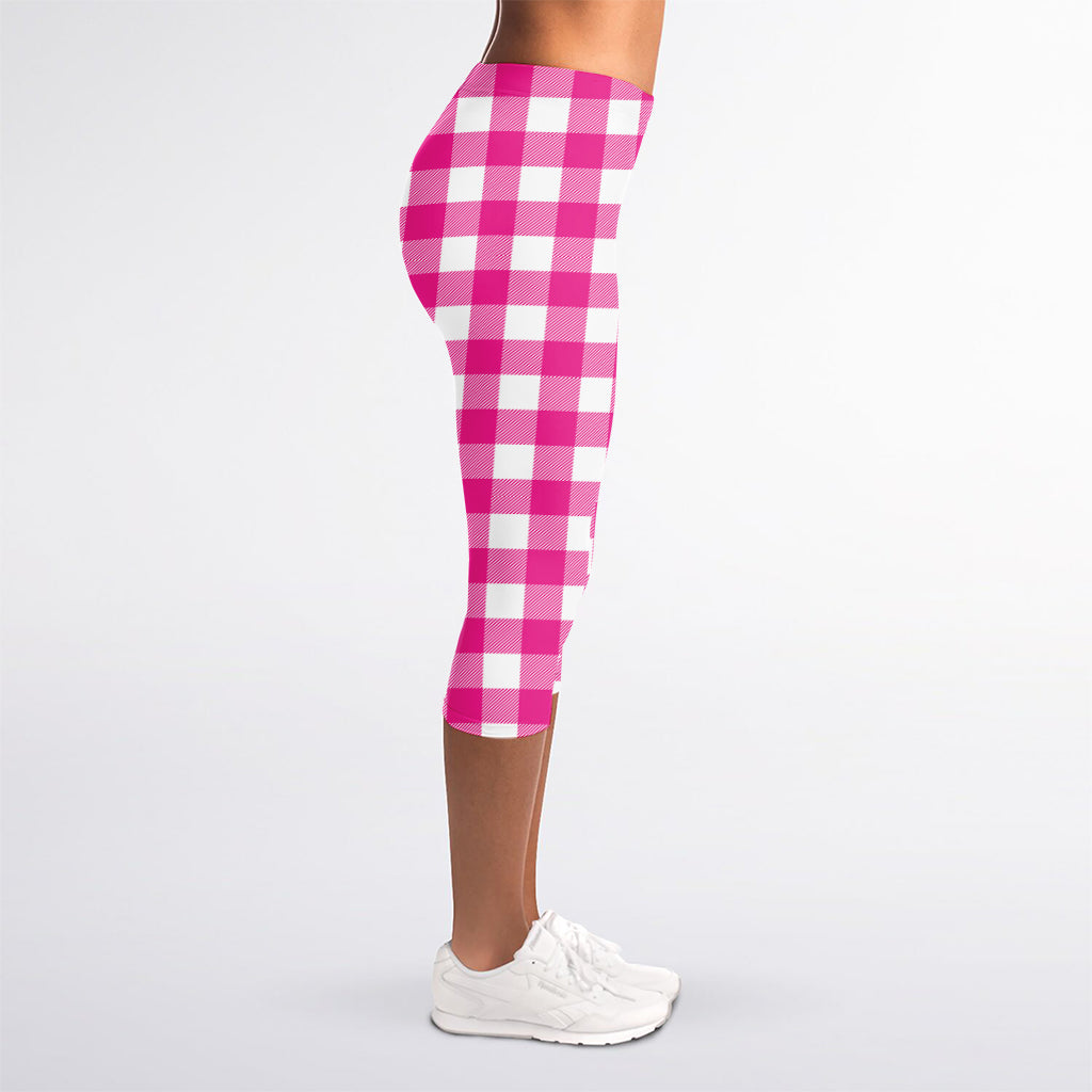 Hot Pink And White Buffalo Check Print Women's Capri Leggings