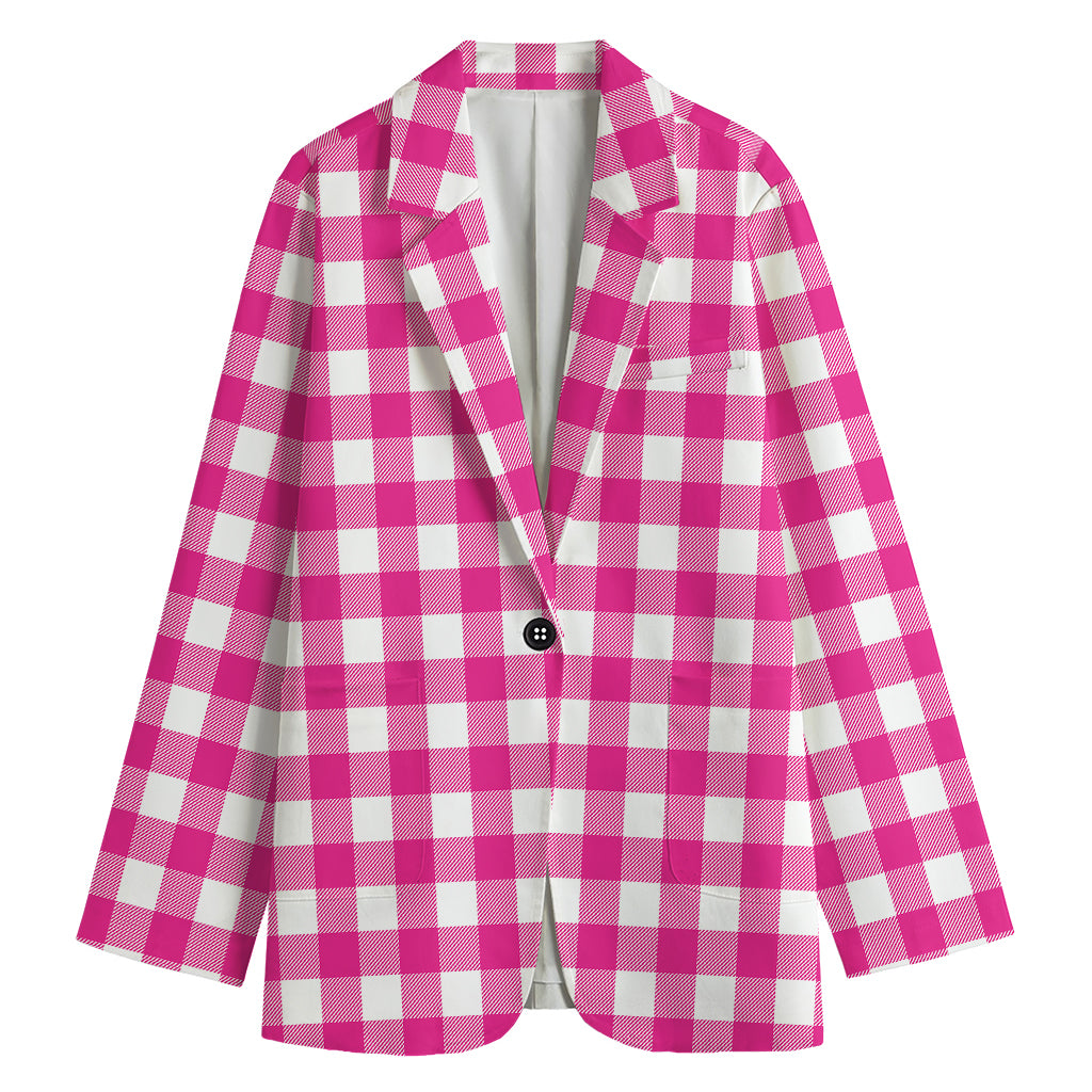 Hot Pink And White Buffalo Check Print Women's Cotton Blazer