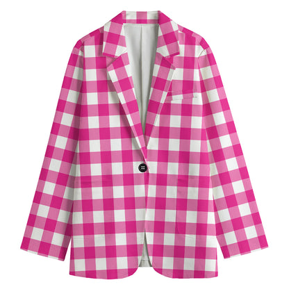 Hot Pink And White Buffalo Check Print Women's Cotton Blazer