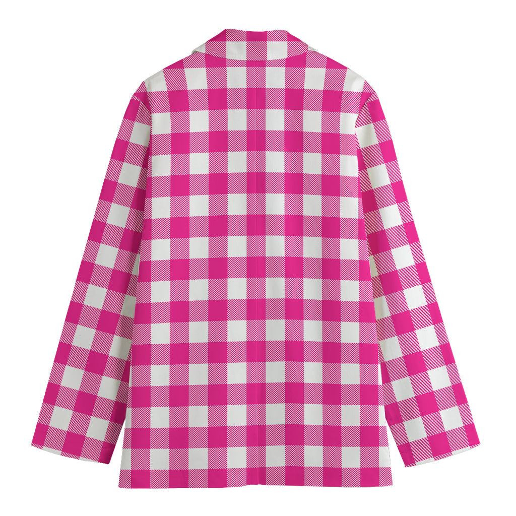 Hot Pink And White Buffalo Check Print Women's Cotton Blazer
