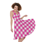 Hot Pink And White Buffalo Check Print Women's Sleeveless Dress