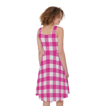 Hot Pink And White Buffalo Check Print Women's Sleeveless Dress