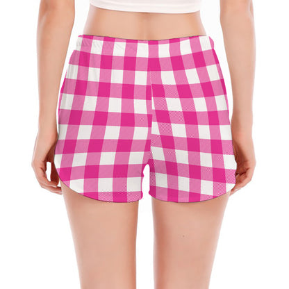 Hot Pink And White Buffalo Check Print Women's Split Running Shorts