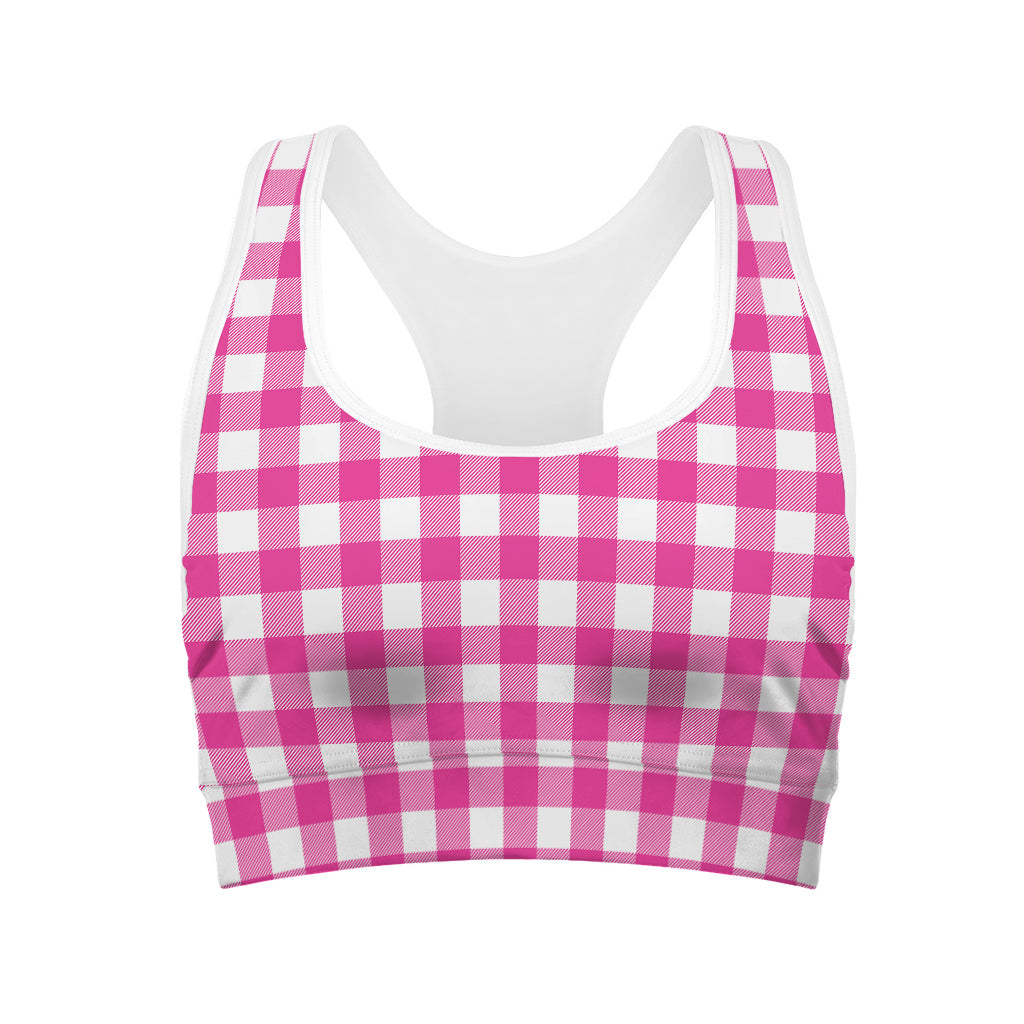 Hot Pink And White Buffalo Check Print Women's Sports Bra