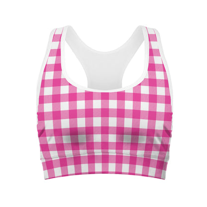 Hot Pink And White Buffalo Check Print Women's Sports Bra