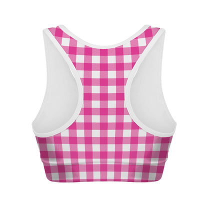 Hot Pink And White Buffalo Check Print Women's Sports Bra