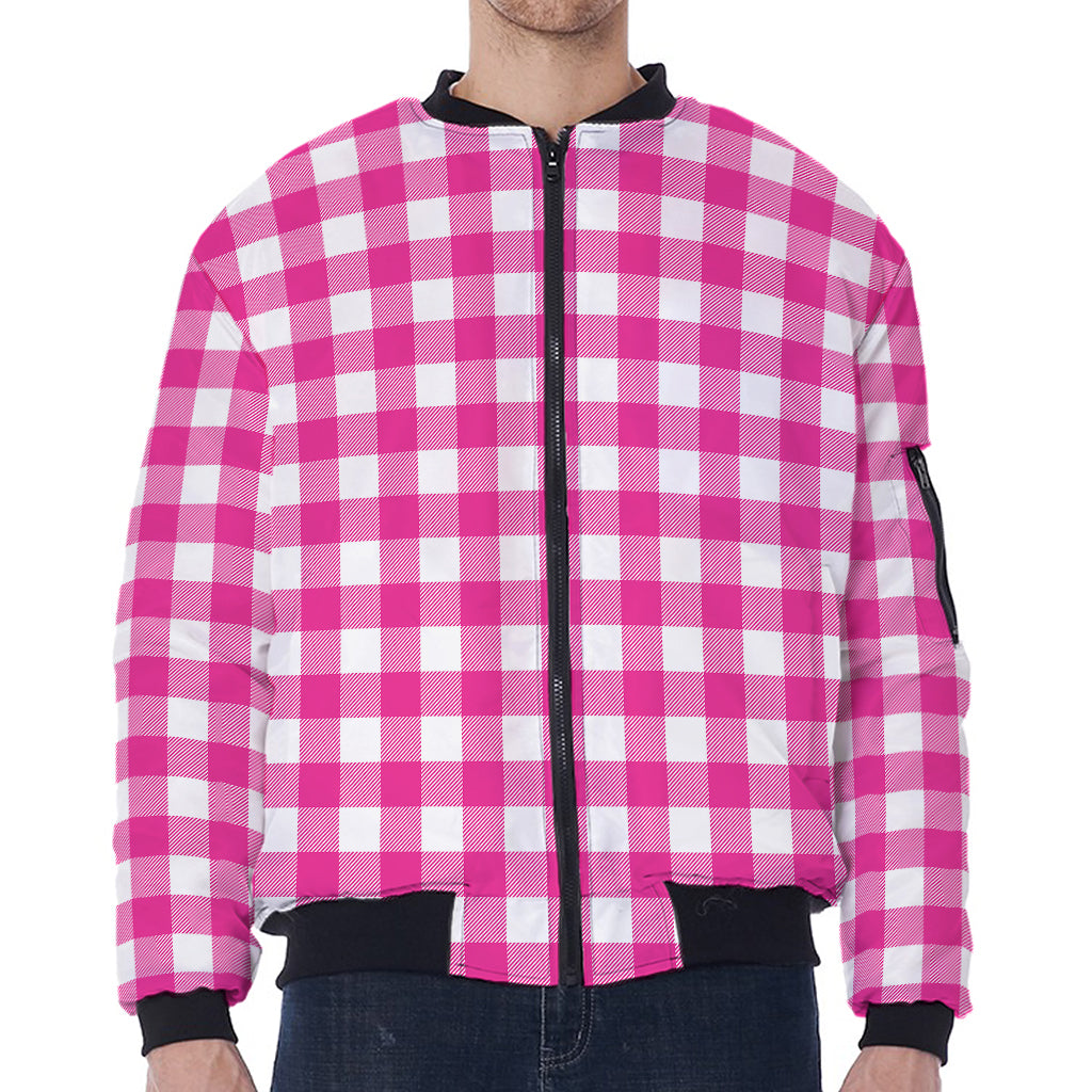 Hot Pink And White Buffalo Check Print Zip Sleeve Bomber Jacket