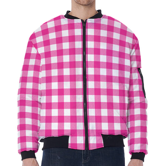 Hot Pink And White Buffalo Check Print Zip Sleeve Bomber Jacket