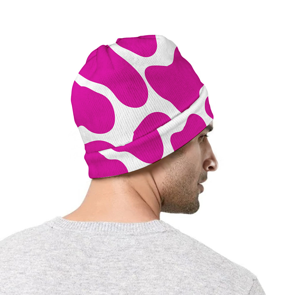 Hot Pink And White Cow Print Beanie