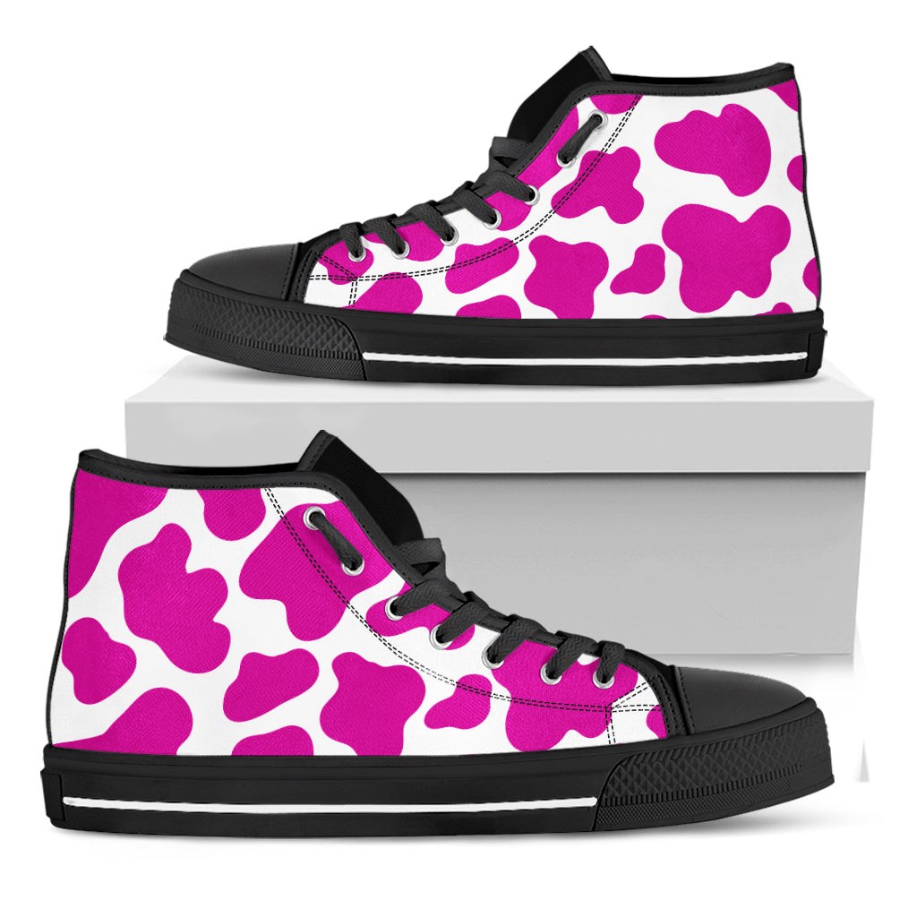 Hot Pink And White Cow Print Black High Top Sneakers