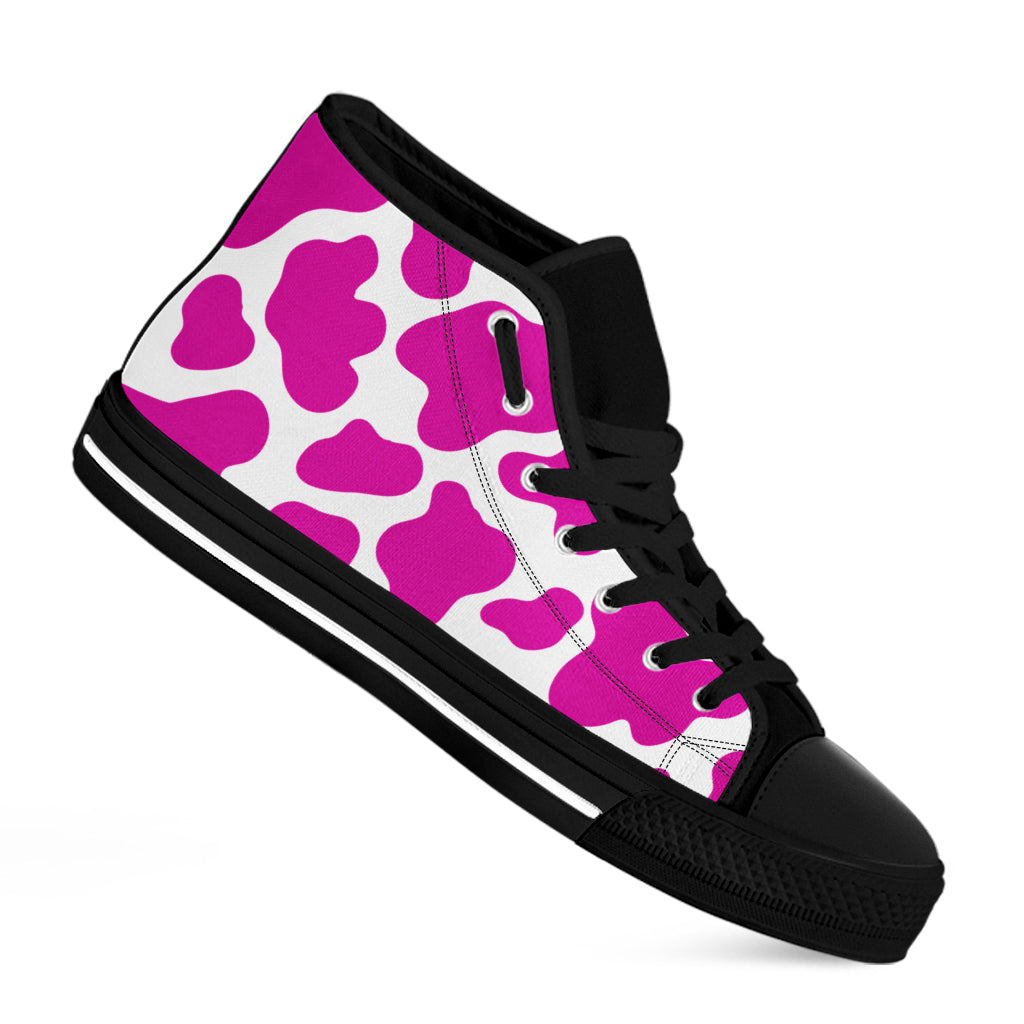 Hot Pink And White Cow Print Black High Top Sneakers