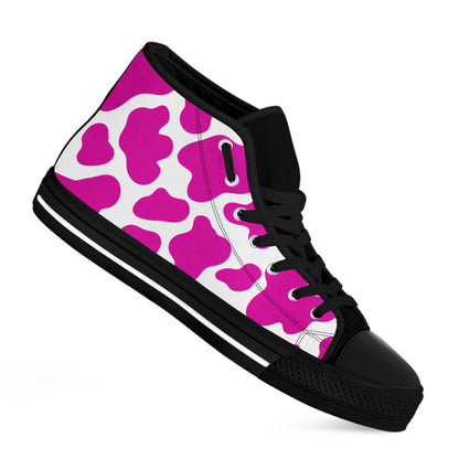 Hot Pink And White Cow Print Black High Top Sneakers