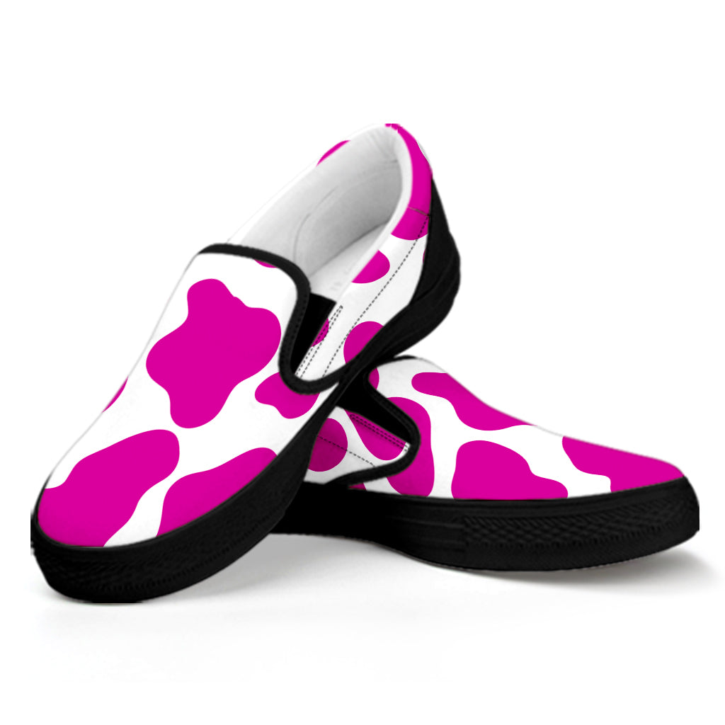 Hot Pink And White Cow Print Black Slip On Sneakers
