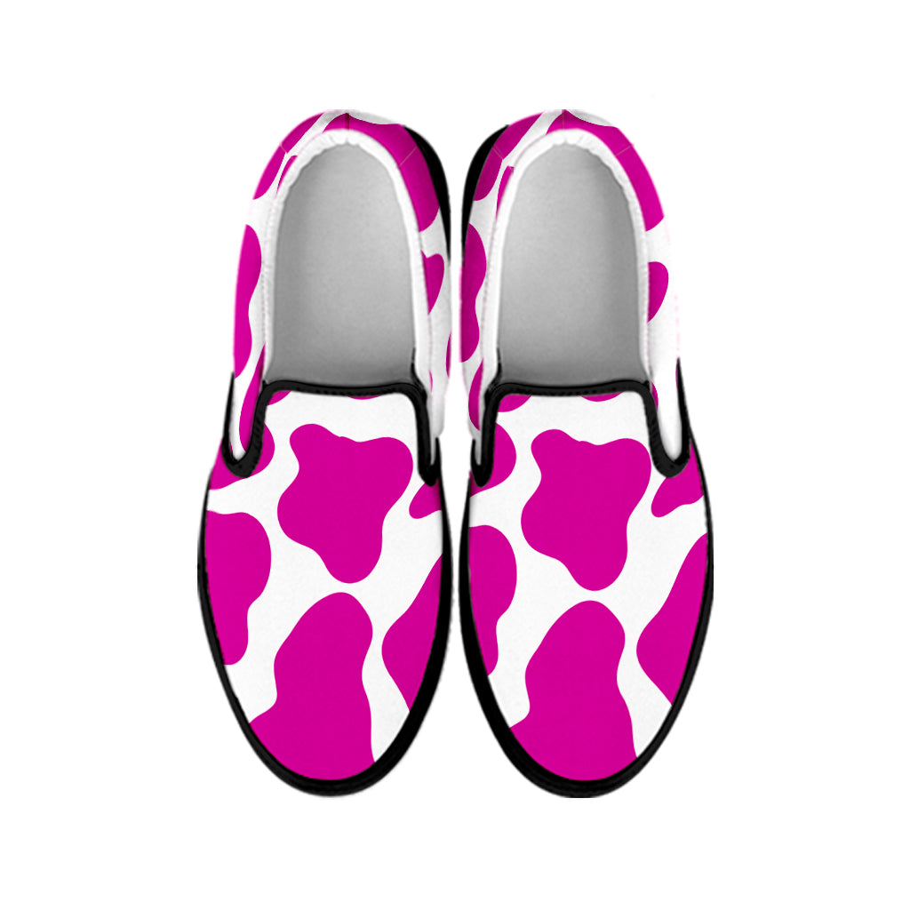 Hot Pink And White Cow Print Black Slip On Sneakers