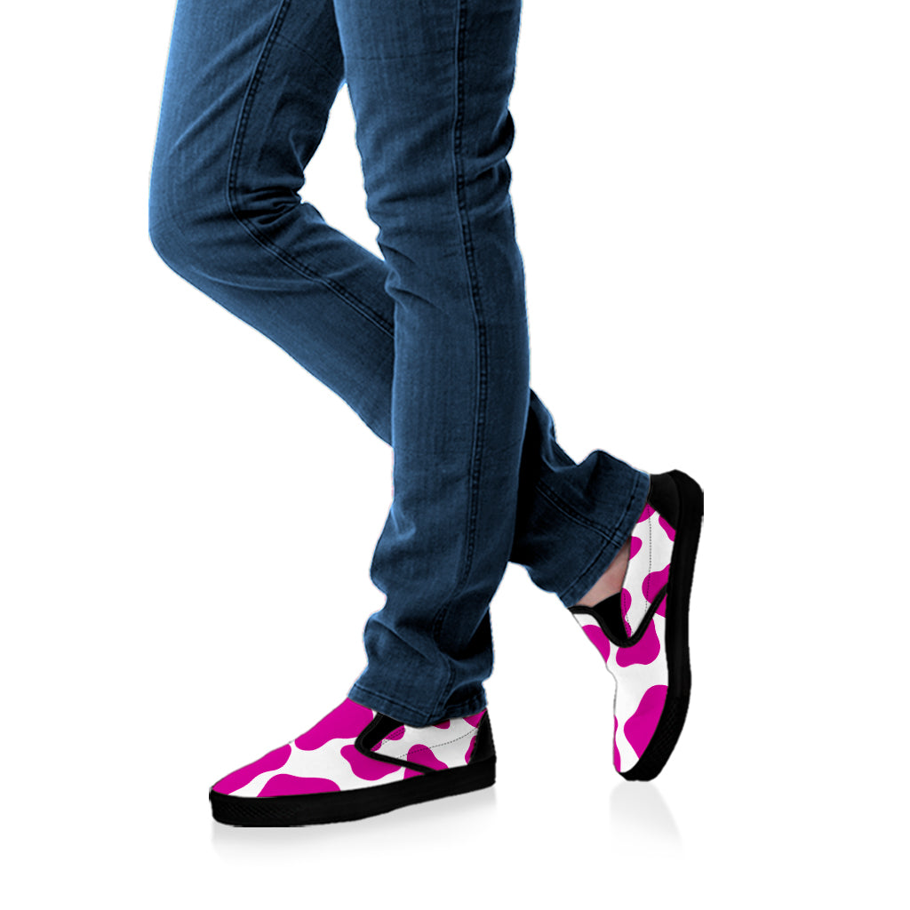 Hot Pink And White Cow Print Black Slip On Sneakers