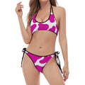Hot Pink And White Cow Print Halter Scoop Tie Side Bikini