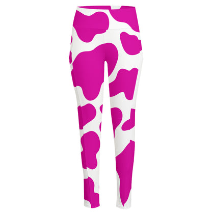 Hot Pink And White Cow Print High-Waisted Pocket Leggings