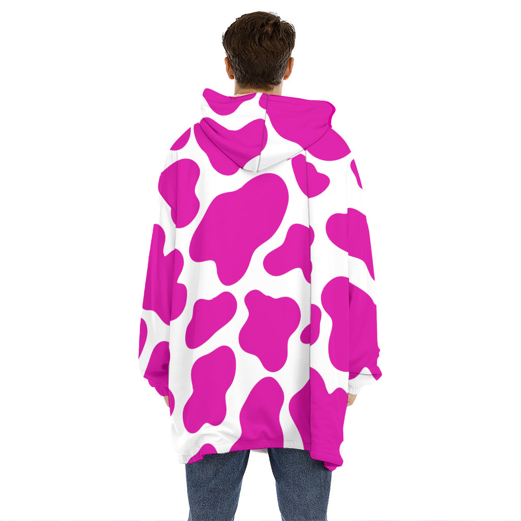 Hot Pink And White Cow Print Hoodie Blanket