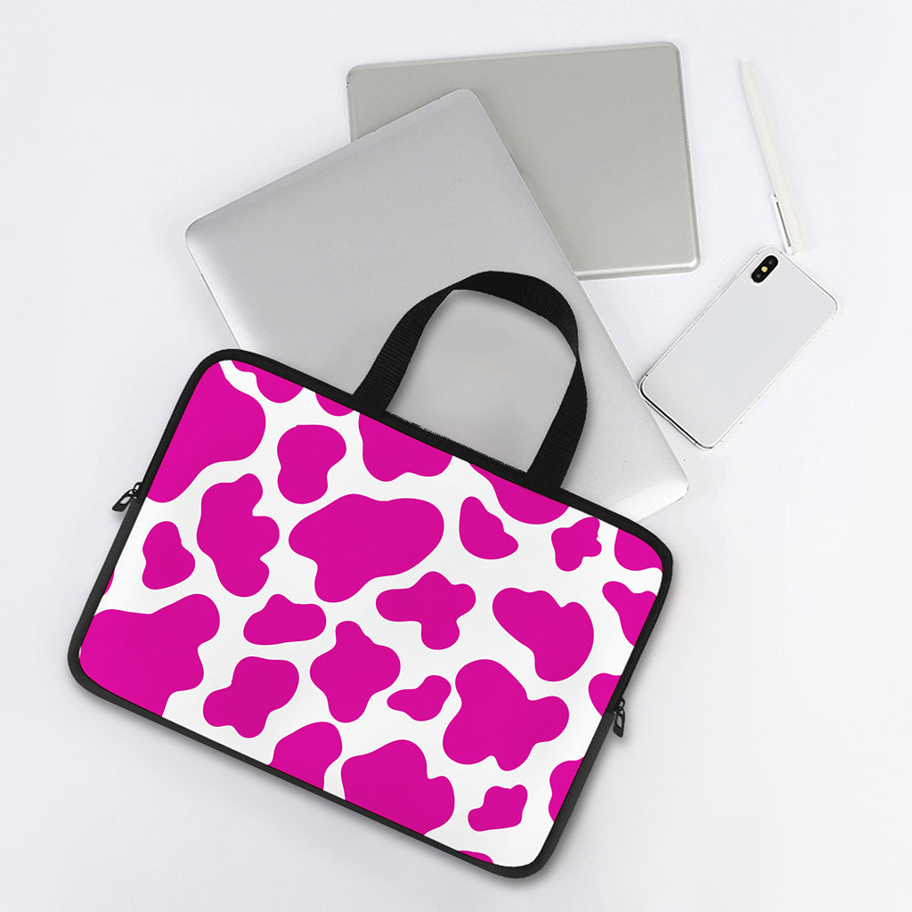 Hot Pink And White Cow Print Laptop Sleeve With Handle