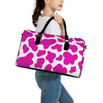 Hot Pink And White Cow Print Leather Duffle Bag