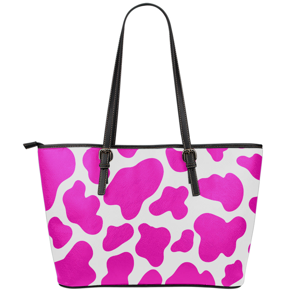 Hot Pink And White Cow Print Leather Tote Bag