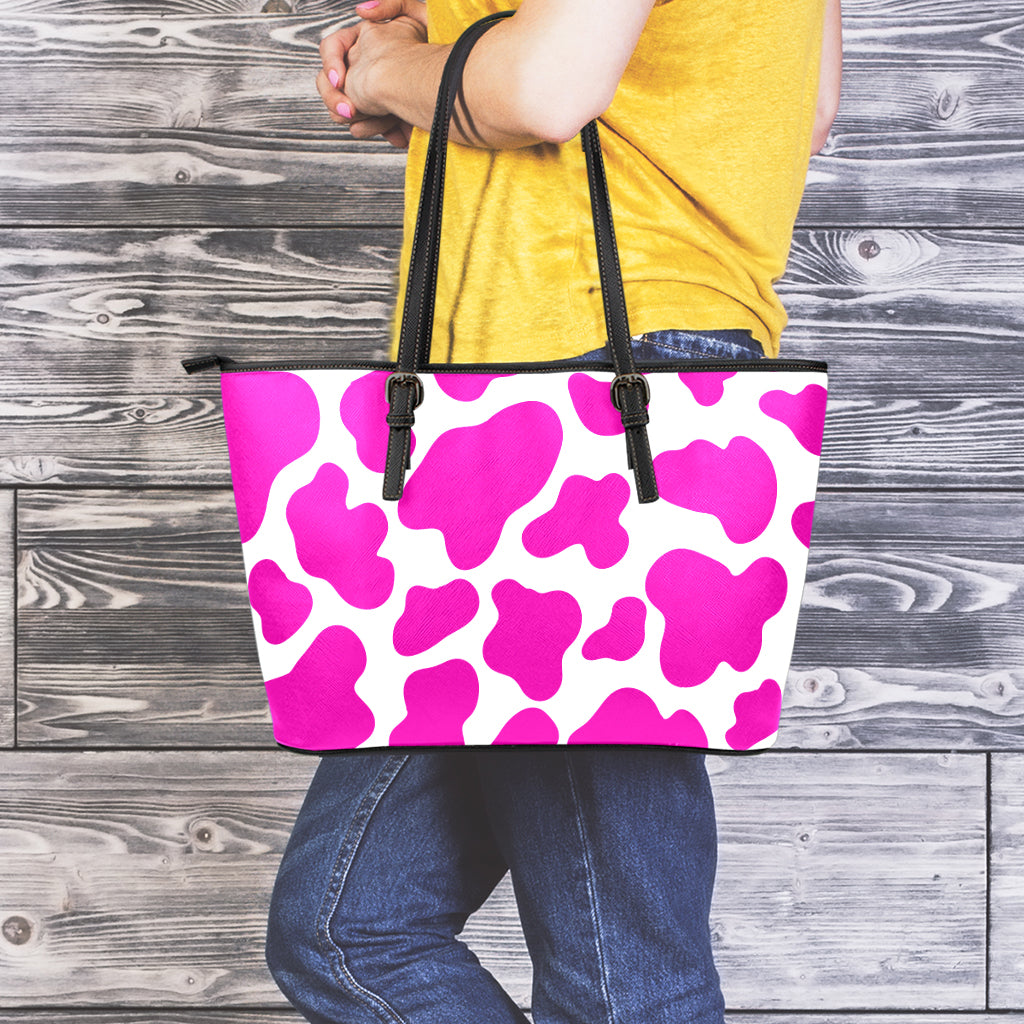 Hot Pink And White Cow Print Leather Tote Bag