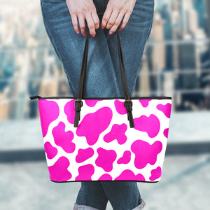 Hot Pink And White Cow Print Leather Tote Bag