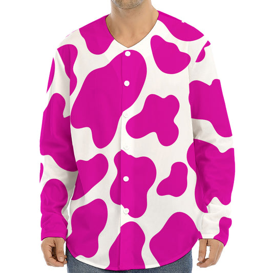 Hot Pink And White Cow Print Long Sleeve Baseball Jersey