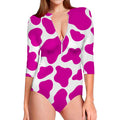 Hot Pink And White Cow Print Long Sleeve Swimsuit