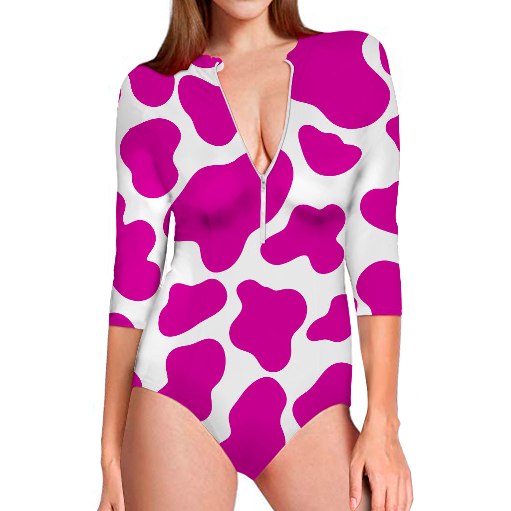 Hot Pink And White Cow Print Long Sleeve Swimsuit