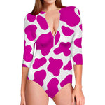 Hot Pink And White Cow Print Long Sleeve Swimsuit