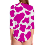 Hot Pink And White Cow Print Long Sleeve Swimsuit