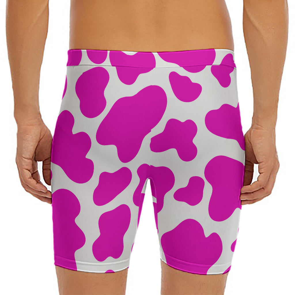 Hot Pink And White Cow Print Men's Long Boxer Briefs