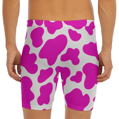 Hot Pink And White Cow Print Men's Long Boxer Briefs