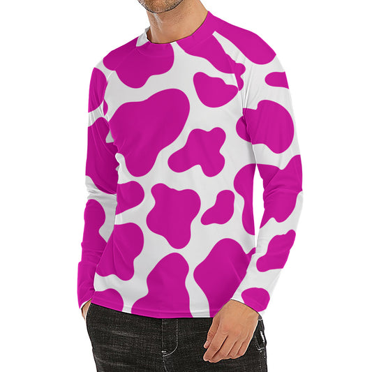 Hot Pink And White Cow Print Men's Long Sleeve Rash Guard